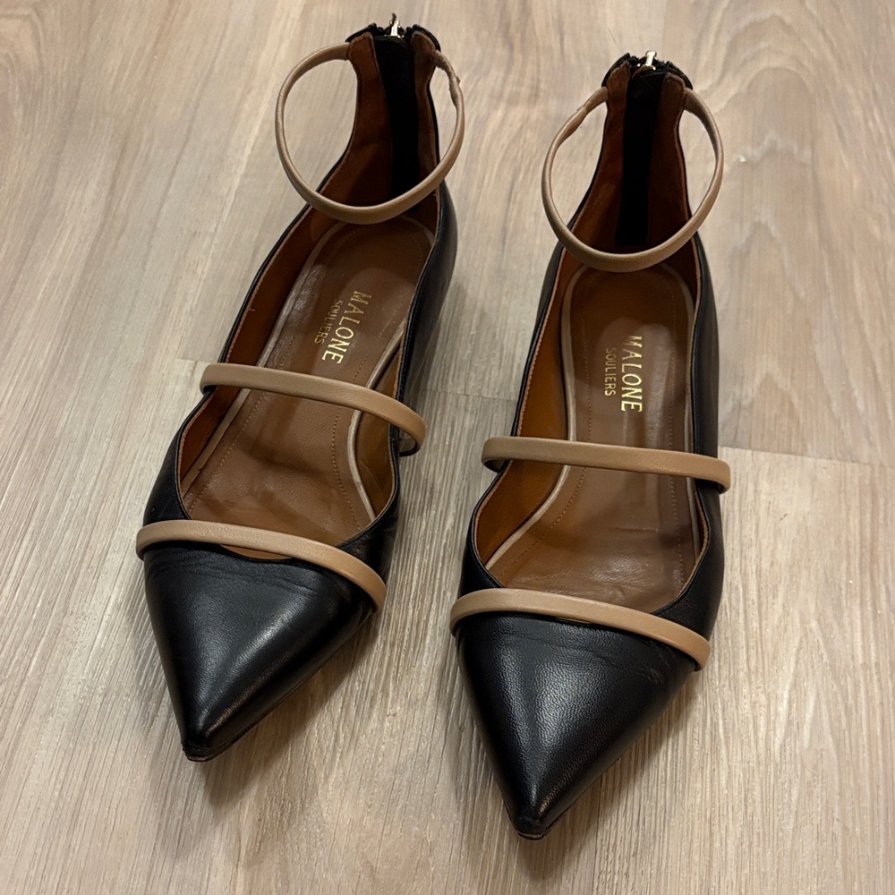 Malone Souliers Maureen Black and Tan leather flats